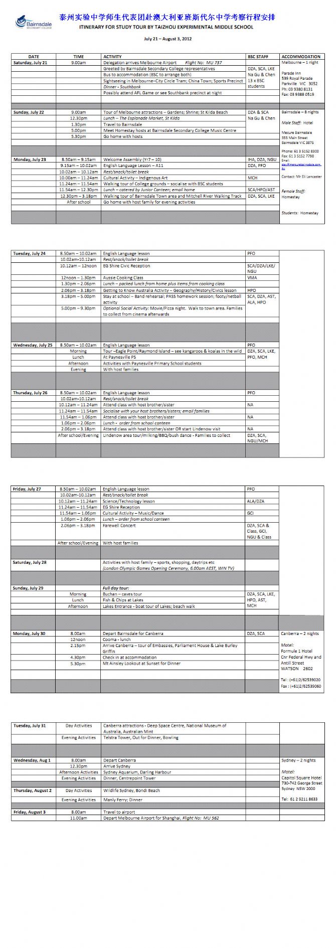 我校師生代表團赴澳大利亞班斯代爾中學考察行程安排